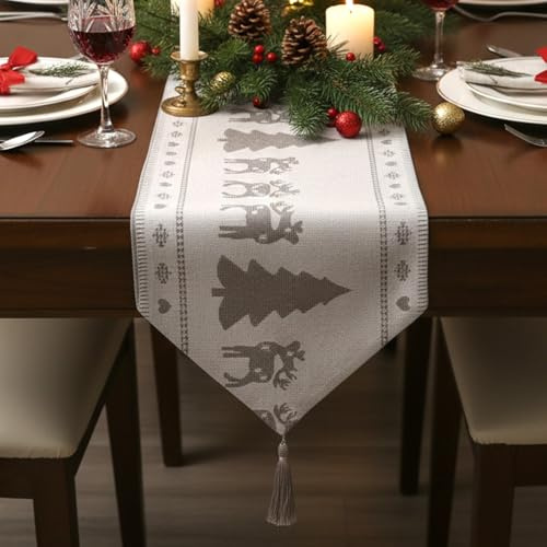 Silver & White Christmas Table Runner 33×180 cm – Festive Reindeer & Christmas Trees Design – Elegant Winter Xmas Dining Table Decoration for Home, Kitchen & Holiday Parties