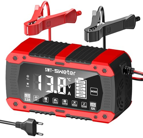 SWTsweter 12A Autobatterieladegerät, 12V/24V Lifepo4 Blei-Säure Ladegerät, Intelligentes Erhaltungsgerät für AGM, Auto, Motorrad, Boot, Wohnwagen