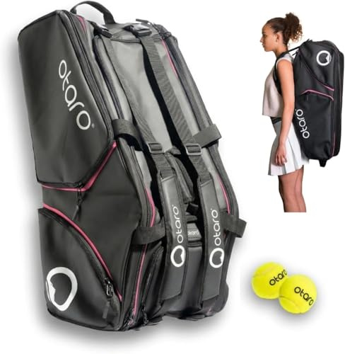 Otaro Tennistasche 82L | Tennisschläger Tasche für 4 Schläger mit Thermofach, Schuhfach & Kühlfach | 3-in-1 Tragesystem | Laptopfach & viele Fächer | Wasserabweisende Tennis Tasche (Schwarz Pink)