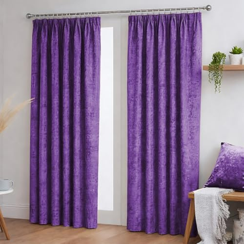 John Aird Crushed Velvet Fully Lined Pencil Pleat Curtains (Aubergine, 90 Wide x 72 Drop)