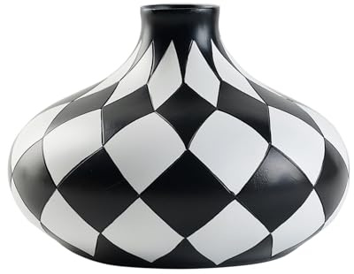 Vase Schwarz Weiß Schachbrett Muster, Moderne Blumenvase aus Kunstharz, Karo Design Flache Runde Dekovase für Wohnzimmer Tischdekor, Minimalistische Blumenvase Küche & Büro