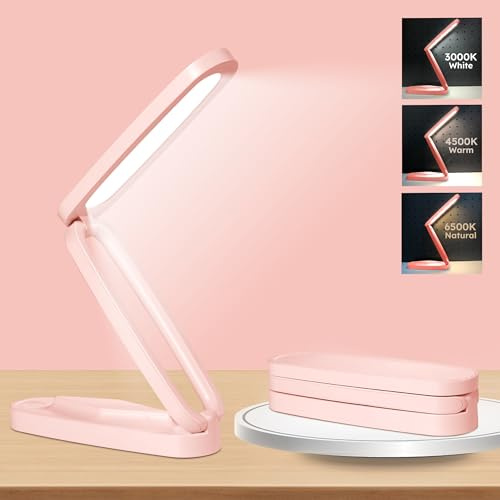 Overcomo Small LED Rechargeable Portable Foldable Cordless Desk Table Lamp | Pink Usb Battery Operated Wireless Mini Reading Desk Lamp for Study,Nail Table Light,3Color Temperature & Brightness Dimmable