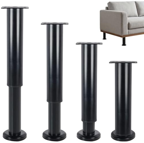 4 Pièces Pieds de Meuble Réglables en Hauteur 18-30cm, Pieds de Meuble Métal Noir, Pied de Lit et Pied de Armoire Solides, Convient pour Table, Chaise, Canapé et Meubles Domestiques