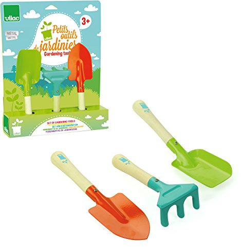 Vilac- Petits Outils de Jardinier - Un râteau Couleur Bleu - Une Pelle Couleur Rouge - Une houe Couleur Verte - Jouet pour Apprendre à s’occuper des Plantes - Amusant - Résistant - 3803