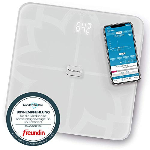Medisana BS 450 connect, digitale Körperanalysewaage 180 kg, weiße Personenwaage zur Messung von Körperfett, Körperwasser, Muskelmasse und Knochengewicht, Körperfettwaage mit Körperanalyse App