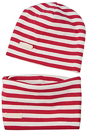 LACOFIA Baby Jungen Mädchen Beanie Mütze und Loop Schal Set Kinder Weiche 100% Baumwolle Strickmützen Kleinkind Hut und Kragen Schals Roter Streifen 3-7 Jahre
