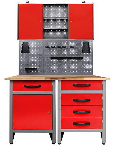 Ondis24 Werkstatteinrichtung rot 4 teilig Werkstatt 2 x Werkbank, Werzeugschrank und Euro - Lochwand mit 22 Haken
