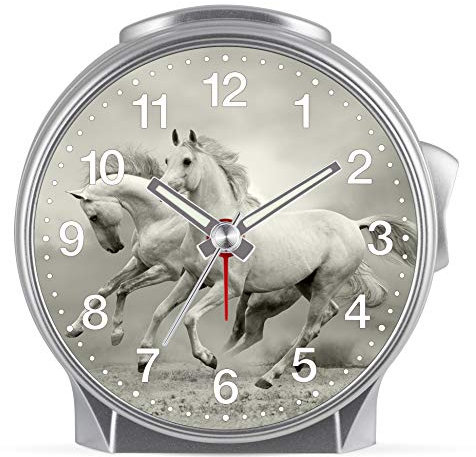 Eurotime Kinder Wecker für Mädchen mit Pferde-Motiv, Kunststoffgehäuse und Kunststoffglas, geräuscharmer Wecker, kein Ticken, mit Licht und Weckwiederholung, 29617-07