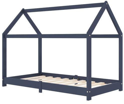 vidaXL Kiefernholz Massiv Kinderbett Hausbett Bettenhaus Spielbett Kinder Bett Kinderhaus Holzbett Bettgestell Lattenrost Grau 70x140cm