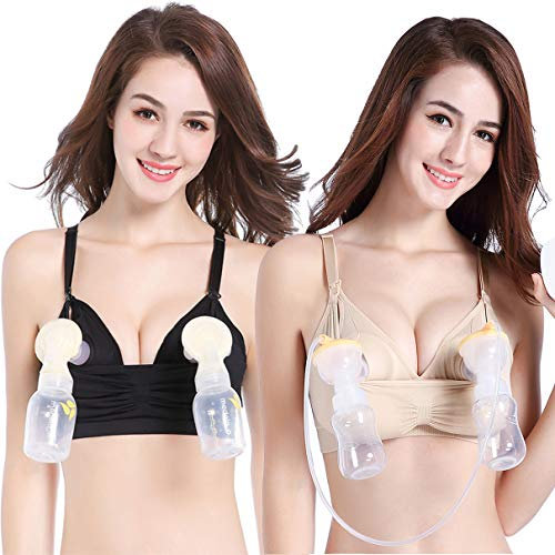 LOVELYBOBO 2 Pack Hands-Free Pumping Bra and Nursing Bra, Adjustable Breastfeeding Bra, Suitable for Breast Pumps,XXL,£¨Black+Nude£©