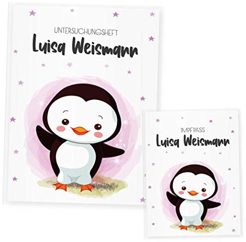 U Heft und Impfpass Hülle Set Babytiere (Uheft Set personalisiert, Pinguin Rosa)