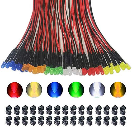GTIWUNG 60 Stück 5mm Leds mit 20cm Kabel, DC 12V Vorverdrahtetes Licht, Vorverdrahtete LED-Dioden Licht Farblampenperlen(Rot, Gelb, GRÜN, Weiß, Orange, Blau) + 60Pcs 5mm LED Montageringe Plastik