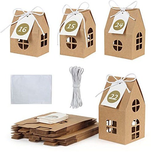 GWHOLE 24 pz Calendario Avvento 2025 Natale Regali Scatole Cartone Kraft a Forma di Casa con Natale Eticchette Cordoncino Bomboniere Natale Confezioni Portaconfetti Caramelle Cioccolatini