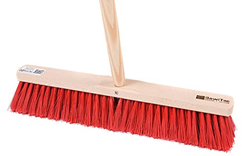 BawiTec Qualitäts Straßenbesen 60cm Breit mit Stielloch und passendem Holzstiel Länge 140cm,rote robuste Kunststoff-Borsrten,Kehrbesen,Besen mit Holz Besenstiel,Schrubber-Besen