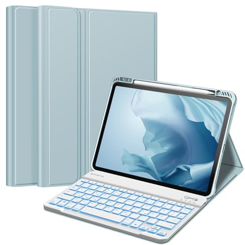 FINTIE Tastatur Hülle für iPad Pro 11 Zoll 2022 / iPad Pro 11 2021/2020/ 2018 - Soft TPU Rückseite Gehäuse mit stifthalter, Abnehmbarer QWERTZ Tastatur mit Hintergrundbeleuchtung, Eisblau