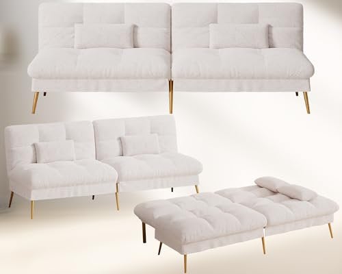 COMHOMA Canapé-lit avec Fonction de Couchage - Housse futon Convertible - Canapé d'angle - Canapé d'invité 3 Places - avec Dossier réglable en Tissu Peluche Blanc