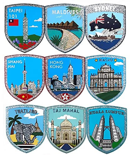 A-ONE Asia Pacific Oceania Landmarks Diamond Silver Dust Tourist Worldwide Stickers 9 PCS + Blue Angel Landscape Iron on Patch 1 PC, Asia Vintage Fabulous Label for Desk, Kitchen Decoration SS9+NO.281