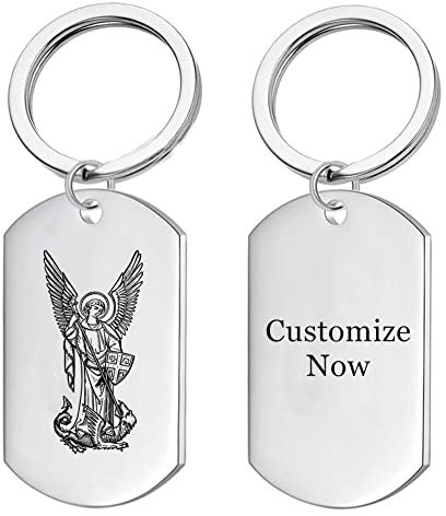 Edelstahl Katholischer Erzengel St. Michael Schützender Schlüsselanhänger Segen Gebet Heiliger Michael Schild Militärischer Schlüsselring zum Schutz, Personalisierte Christliche Amulett Geschenke