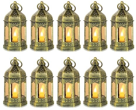Romadedi Gold Candle Lantern Christmas - 10pcs Hanging Small Decorative LED Lantern Bulk for Halloween Table Decoration Wedding Decor Moroccan Ramadan