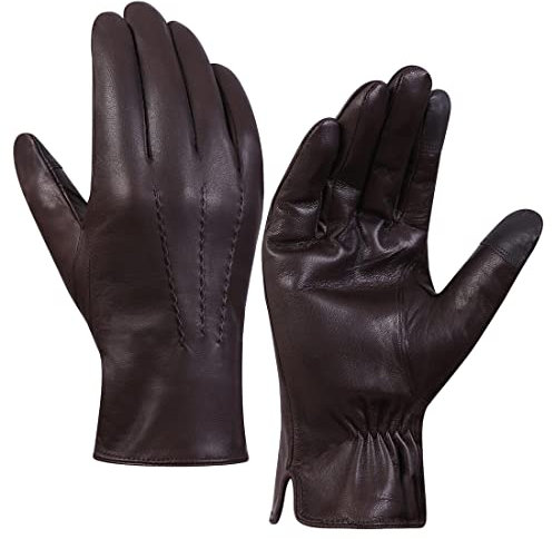 Harssidanzar Herren Lederhandschuhe Fleecefutter Touchscreen GM040EU, Braun, L