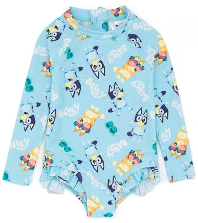 Bluey Girls Swimsuit | Childrens All in One Beachwear Swimming Costume | Blue Bingo Logo All Over Print Swimwear Bodysuit | Long Sleeve with Frill Hem Cute Merchandise Gift for Kids & Toddlers