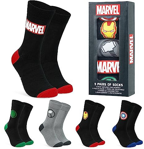Marvel Socken Herren, 5er-Pack Baumwolle Herrensocken Avengers, Lustigen Socken Set - Geschenke für Männer (40/46 EU, Schwarz/Grau)