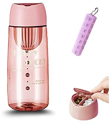 Pilulier Portable 7 Jours, 2 en 1 Bouteille Pilulier Portable, Boîte Pilulier 7 Jours Boîte Médicale Tasse, 600ml, Pilulier Portable pour Extérieur, Camping, Voyages (Rose)