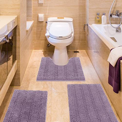 ACCUMTEK Gestreiftes Lavendel Badezimmerteppich-Set, 3-teilig, ultraweich, rutschfeste Chenille-WC-Vorleger, saugfähig, Plüsch, Shaggy, Badematten für Badezimmer, Schlafzimmer, Küche, Malve