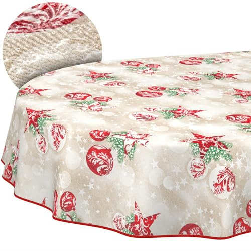 ANRO Tischdecke abwaschbar Weihnachtsmotiv Rot mit Saum oval 240x140 cm | mit Saum eingefasst – ideal für Garten, Terrasse & Esszimmer – Gartentischdecke wetterfest – waschbar bei 30 °C