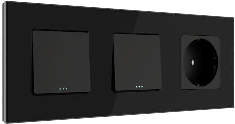 PULSAR Taster/Schalter/Steckdose Unterputz Schwarz Glas 3 Fach, Wipptaster Lichtschalter Wandsteckdose mit Kindersicherung in Glasrahmen