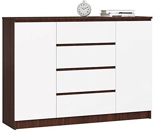 AKORD Kommode K 140 cm 4 Schubladen und 2 Türen | zum Wohnzimmer Schlafzimmer Arbeitszimmer | Modernes funktionales Design | Schichtstoffplatte Farbe Wenge/Weiß