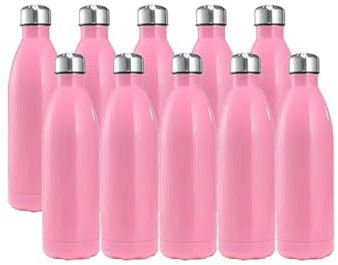 10 unidades Botella de agua aislada de acero inoxidable de 1 litro, elegantes botellas de agua aisladas, mantiene el calor y el frío, tapas 100% a prueba de fugas (rosa, paquete de 1 L, 10 unidades)