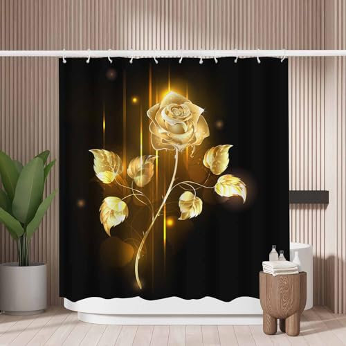 Woutay Shower Curtain Mould Proof Resistant Gold Rose,Water Repellant Fabric,Polyester,with 12 Plastic Hooks