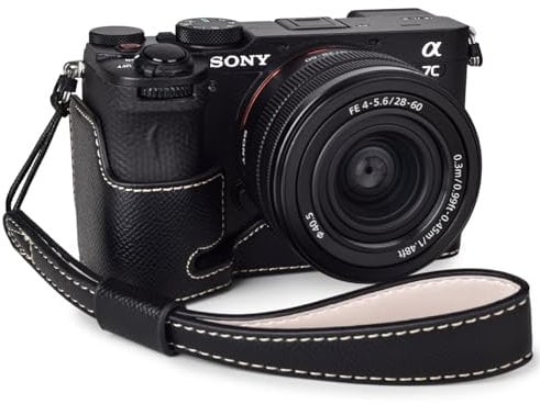 Rieibi Sony A7C II Hülle – Premium PU Leder Halbtasche für Sony Alpha 7C Mark II Digitalkamera mit Handschlaufe – Schutzgriff A7CII Hülle mit Handgriff & Öffnung Unten – Schwarz