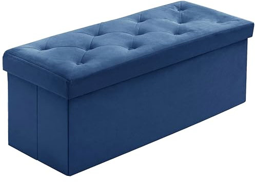 A406 Folding Ottoman Storage Box With Lids - Velvet Chest Footrest Pouffe Unit Bench Stool With Resilient Sponge for Bedroom, Living Room & Entryway - 76cm (Blue)