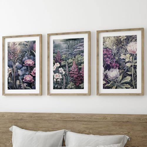 Purple Japanese Botanicals Wall Art Set of 3 Unframed Poster Prints, Tropical Plant Decor, Living Room Bedroom Poster Home Decor, Chrysanthemum Lotus Japanese Apricot Flowers, Purple Green (A3)