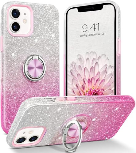 MOBISTAR® Bling Glitter Case for iPhone 12 Pro Max - 6.7'' - Sparkly Slim with 360° Ring Holder Kickstand Support Magnetic Car Mount Protective Cover (Pink)