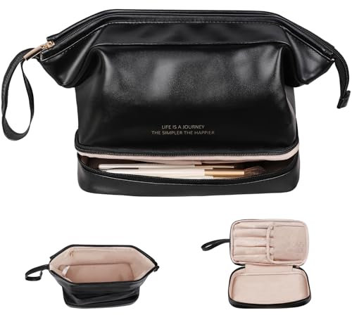 Abiudeng Kosmetiktasche Kulturtasche Kulturbeutel-Damen Schminktasche Groß Wasserdicht Make up Organizer Tasche Reisen Kosmetiktasche mit Pinselfach Make up Tasche Klein für Frauen-Schwarz