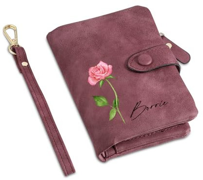 Wamantic Portefeuille Personnalisé Femme Portefeuille Personnalisé avec Nom et Fleur de Naissance Porte Monnaie Court en Cuir PU Portefeuille Petit Format Compact avec 16 Emplacements Cartes(Violet)