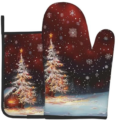 Ofenhandschuhe und Topflappen mit Weihnachtsmotiv, hitzebeständiger, wasserdichter Stoff, ideal für Küche, Backen, Grillen, 2 Stück