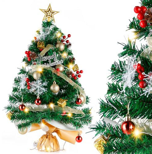 Albero di Natale Piccolo 60cm,Siebwin Verde Mini Albero di Natale da Tavolo con stella albero di natale, Palla di Natale,Luci a Led per Decorazioni Natalizie Tavola