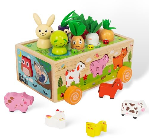 WOODENFUN Holz Montessori Spielzeug Sortierspiel Holzpuzzle Karotten Steckspiel Tiere Lernspielzeug Motorikspielzeug Geschenk Stapelspielzeug 3 Jahre+