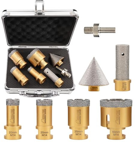 SHDIATOOL Juego de Brocas Diamantadas - 7pcs(20/25/35/50mm Brocas/20mm Brocas para Dedos/50mm Broca para Biselar/Adaptador de Vástago Exagonal) para Porcelanato Cerámica Granito Mármol