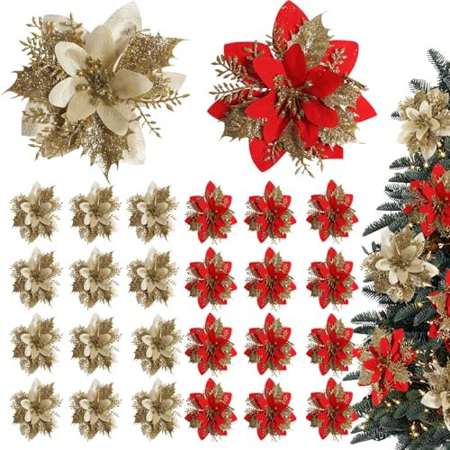 24 Stück Weihnachten Funkeln Weihnachtsstern Blumen Künstliche Weihnachten Blumen Hochzeit Weihnachtsbaum Neujahr Ornamente für Weihnachtsblumen Baum Kränze Dekor Ornament