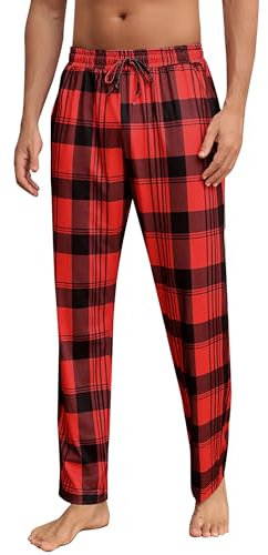 Aseniza Pantalon de Pyjama Homme Bas de Pyjama Vêtement de Nuit à Carreaux Long Pantalon Confortable Longue et Décontracté avec Poches 452-Rouge, L