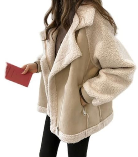 Suncadmious Damen Winter Reverskragen Faux Wildleder Mantel Langarm Jacke Kurz Warm Lammfell Fuzzy Biker Motor Outwear Top (Beige,M)