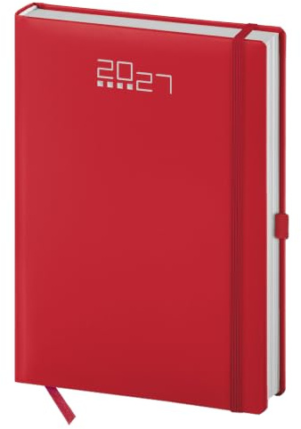 Pubblimania Tageskalender 2027 aus PU-Leder Rot, 14.5x21 cm (A5), 336 Seiten in 6 Sprachen, Elastischer Verschluss, Stifthalter und Lesezeichen - Monatsplanung, Urlaubsplaner und Jahresziele