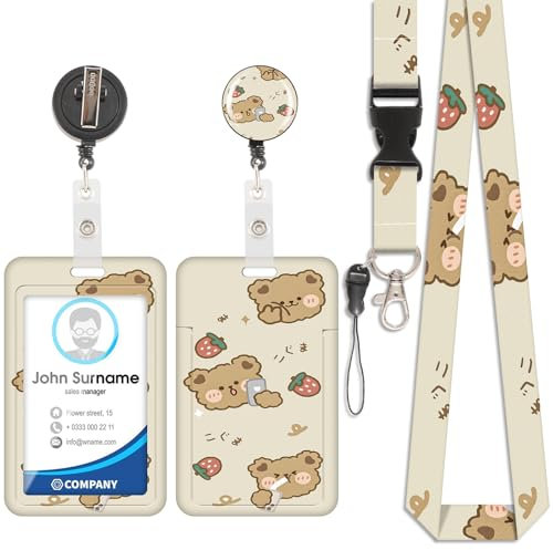 Porte-cartes ours fraise, badge d'identification, cordon détachable avec clip rétractable, utilisable pour porte-clefs, cartes de visite, cartes de porte, cartes d'identité
