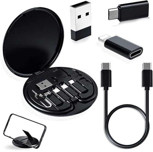 Juliyeh multifunctional data cable adapter portable storage box, multi-type charging cable adapter USB tool including Sim card slot tray, mobile phone holder (black)
