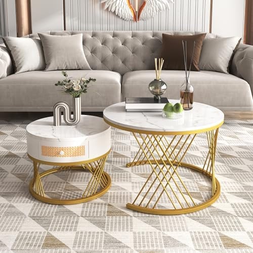 LANTRO JS 2-in-1 Round Coffee Table with Storage, Tea Table with Rattan Drawers and Solid Wood Handles, Gold Iron Legs, White